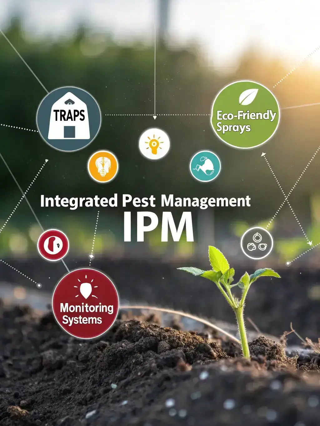 A visual representation of integrated pest management strategies for soybean crops, including biological control methods, cultural practices, and the responsible use of pesticides to minimize environmental impact and protect crop health in Eswatini and the SADC region.