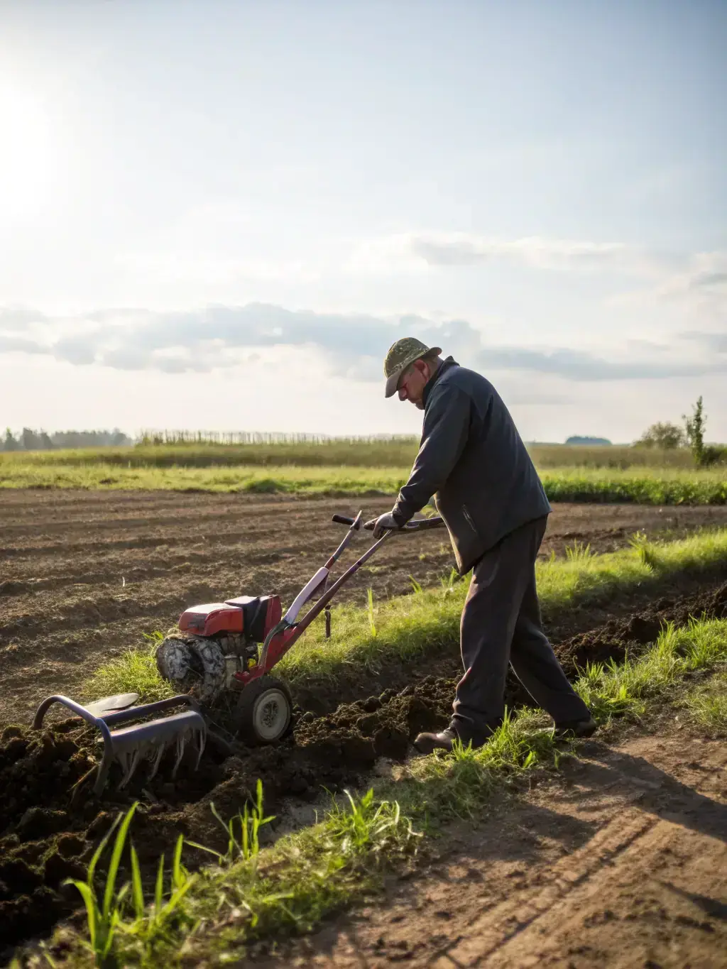 A farmer preparing the land for soybean planting, demonstrating proper tillage techniques, soil preparation methods, and the use of conservation agriculture practices to enhance soil health and water retention in the region.